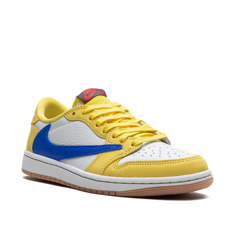Yellow sneaker with blue swoosh logo on a white background