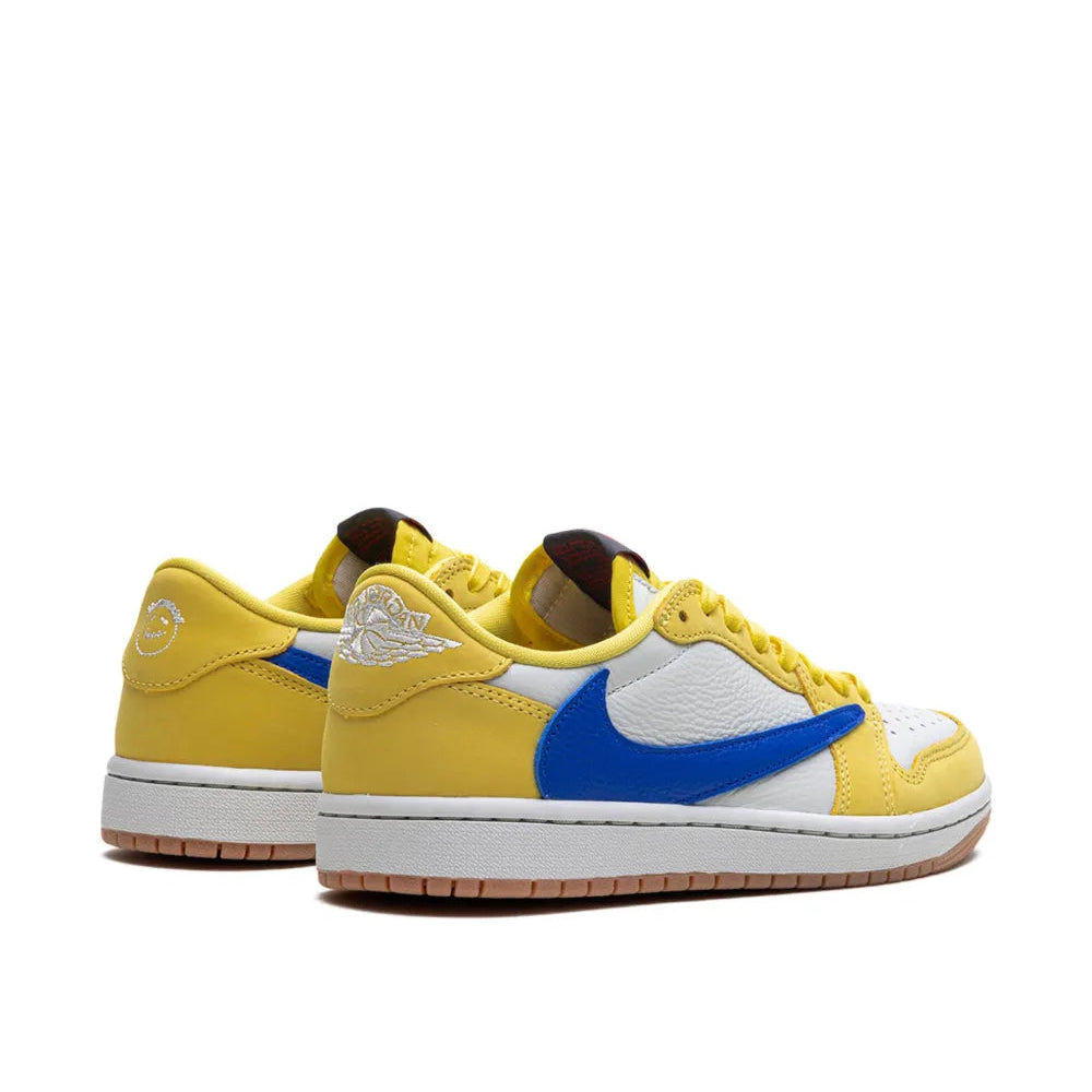 Yellow and blue sneakers with a white background