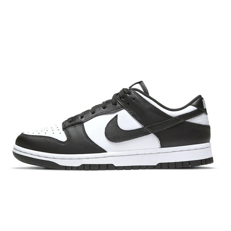 Black and white NIKE dunk sneaker with Nike logo on a white background