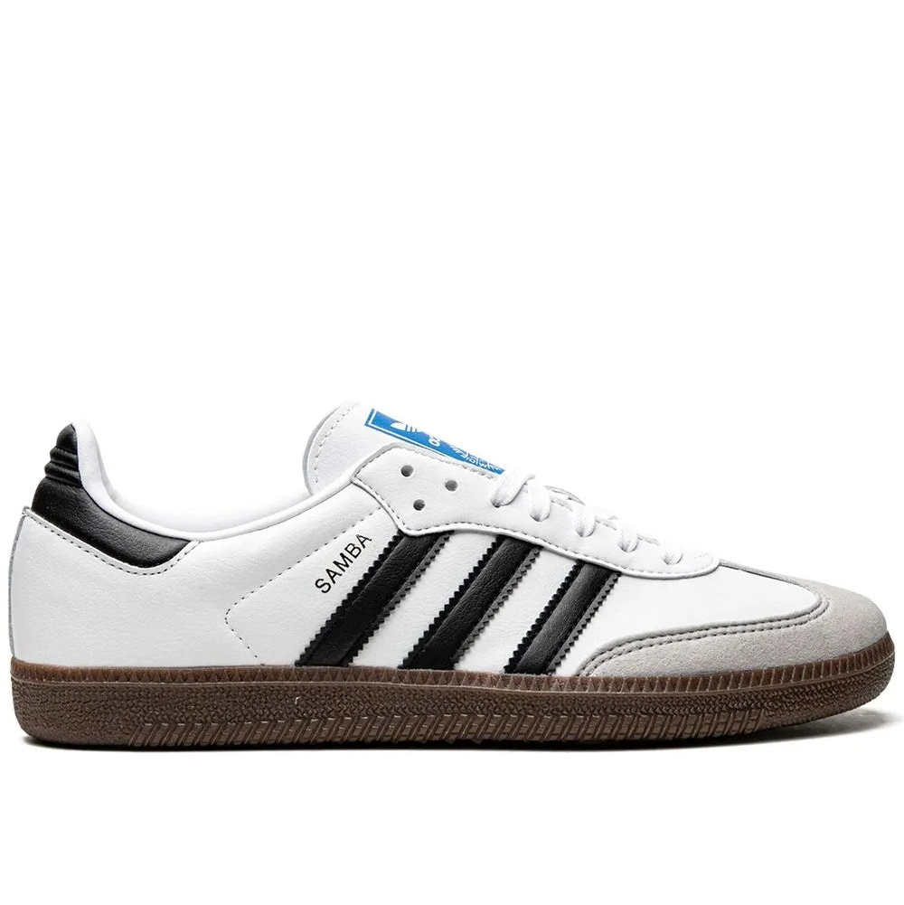 White Adidas sneaker with black stripes on a white background
